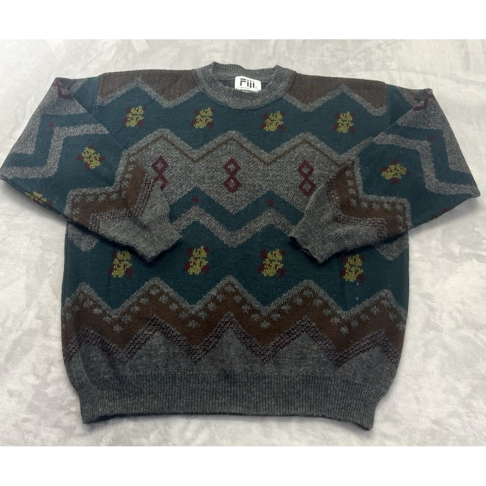 Fiii Sweater Men XL Brown Geometric Crew Neck Wool Acrylic Blend Pullover Italy